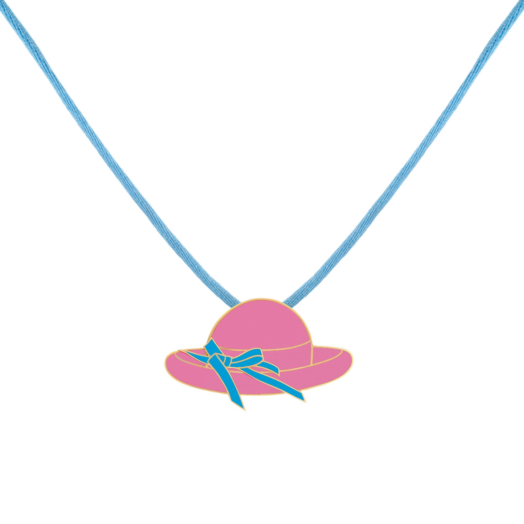 Necklace 18k Gold with Enamel - Playful Pink Hat with Light Blue Ribbon