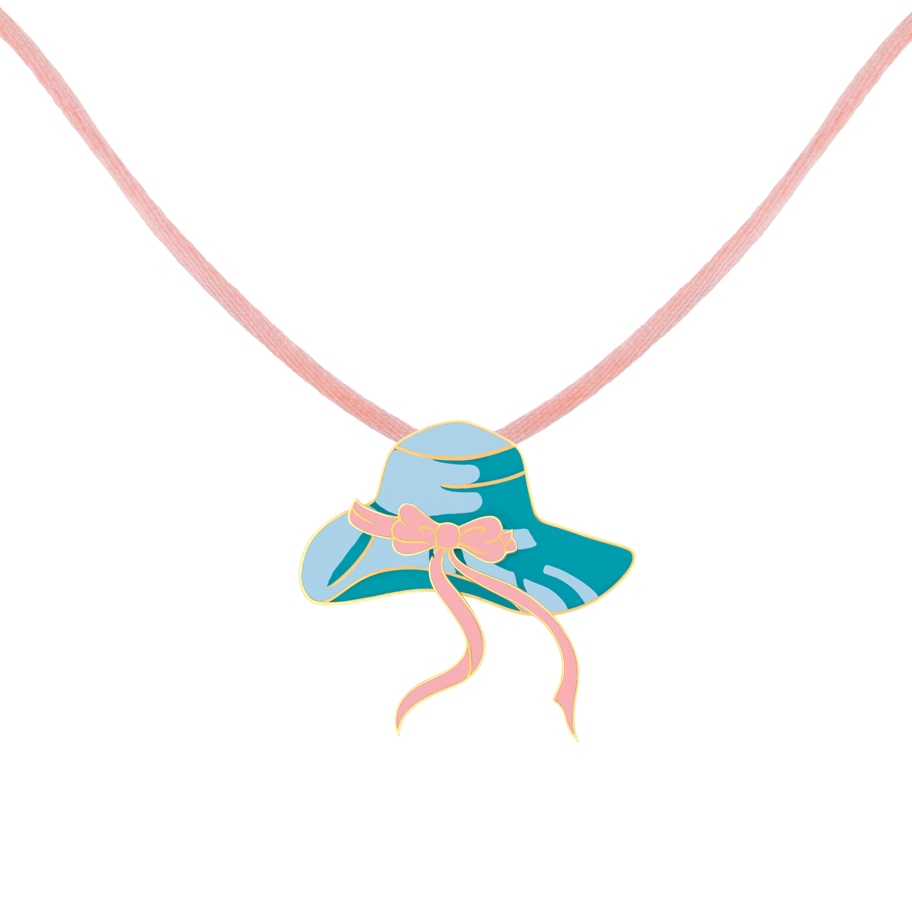 Necklace 18k Gold with Enamel - Playful Light Blue Hat with Pink Ribbon