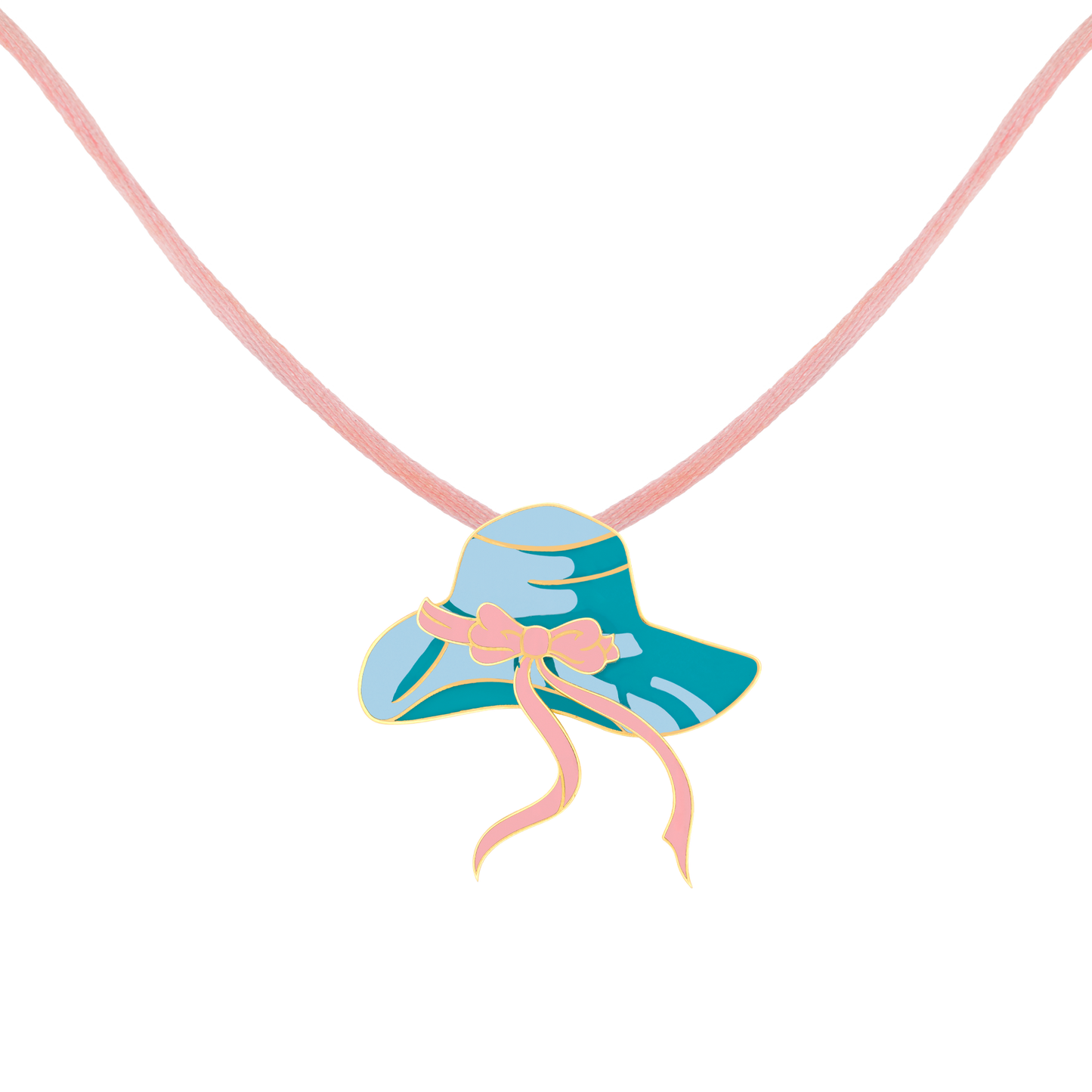Necklace 18k Gold with Enamel - Playful Light Blue Hat with Pink Ribbon