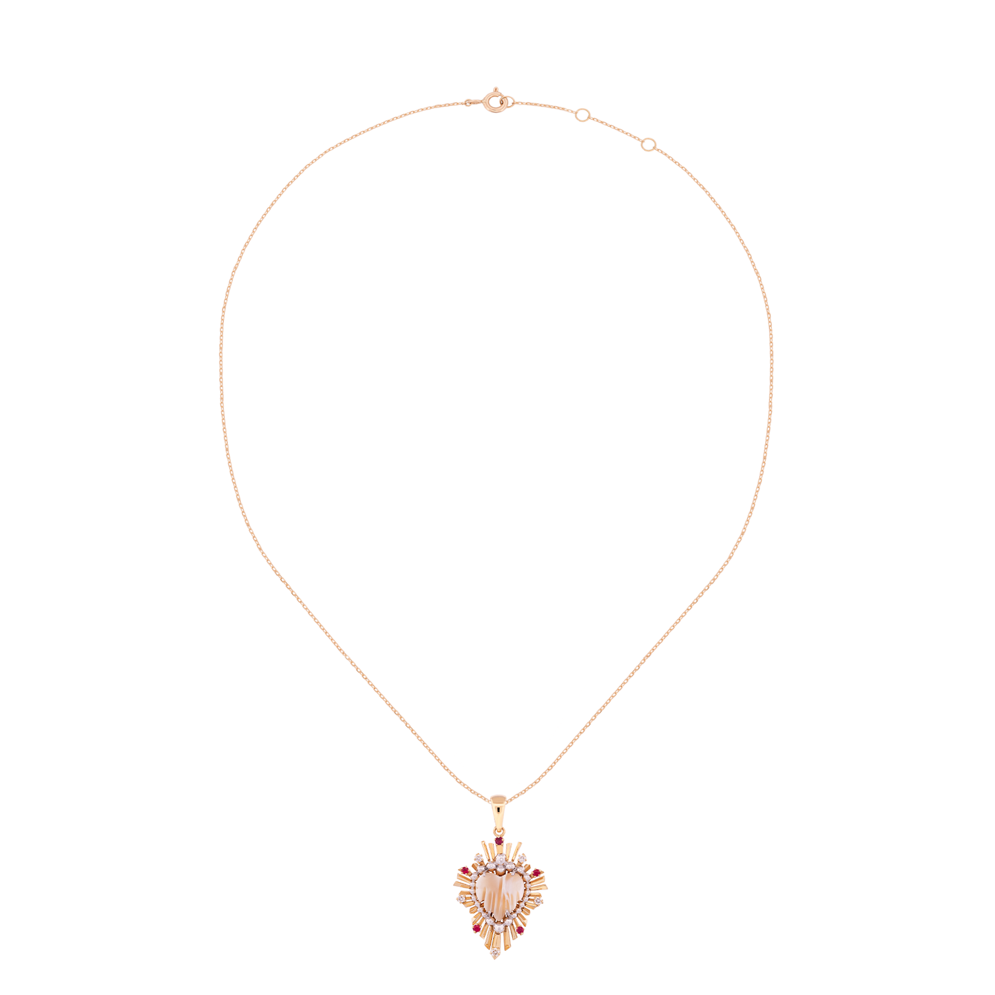 18K Gold Heart Pendant with Ruby, Diamond & Mother of Pearl