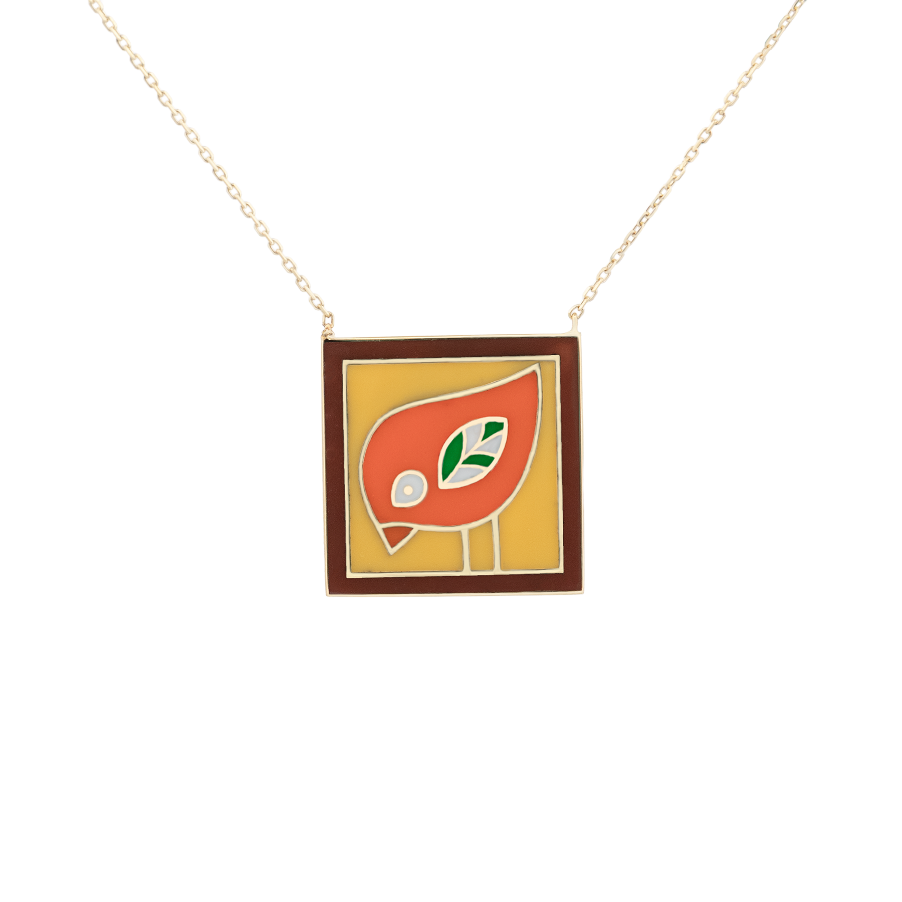 18K Yellow Gold Abstract Bird Enamel Pendant Necklace