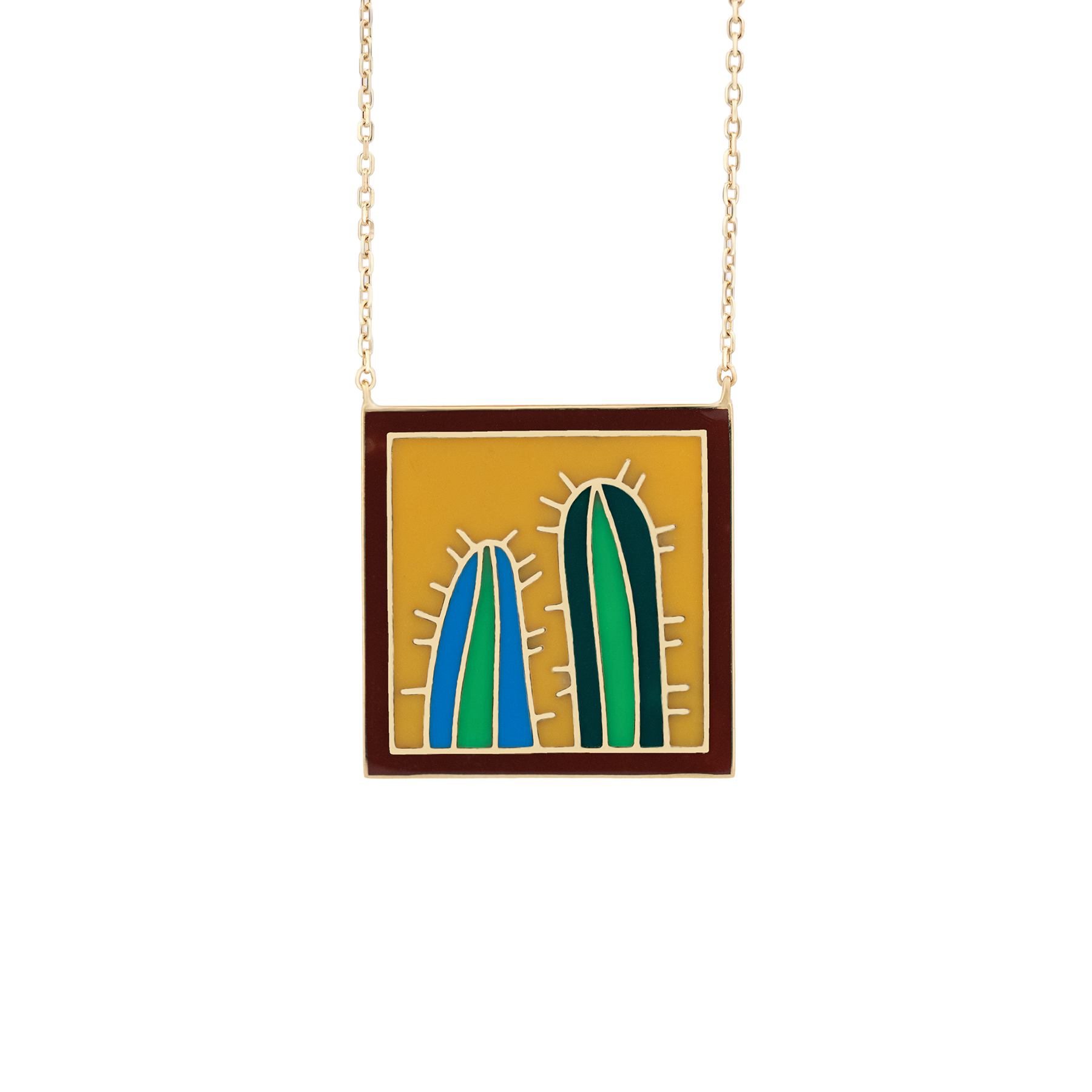 18K Yellow Gold Abstract Cactus Enamel Pendant Necklace