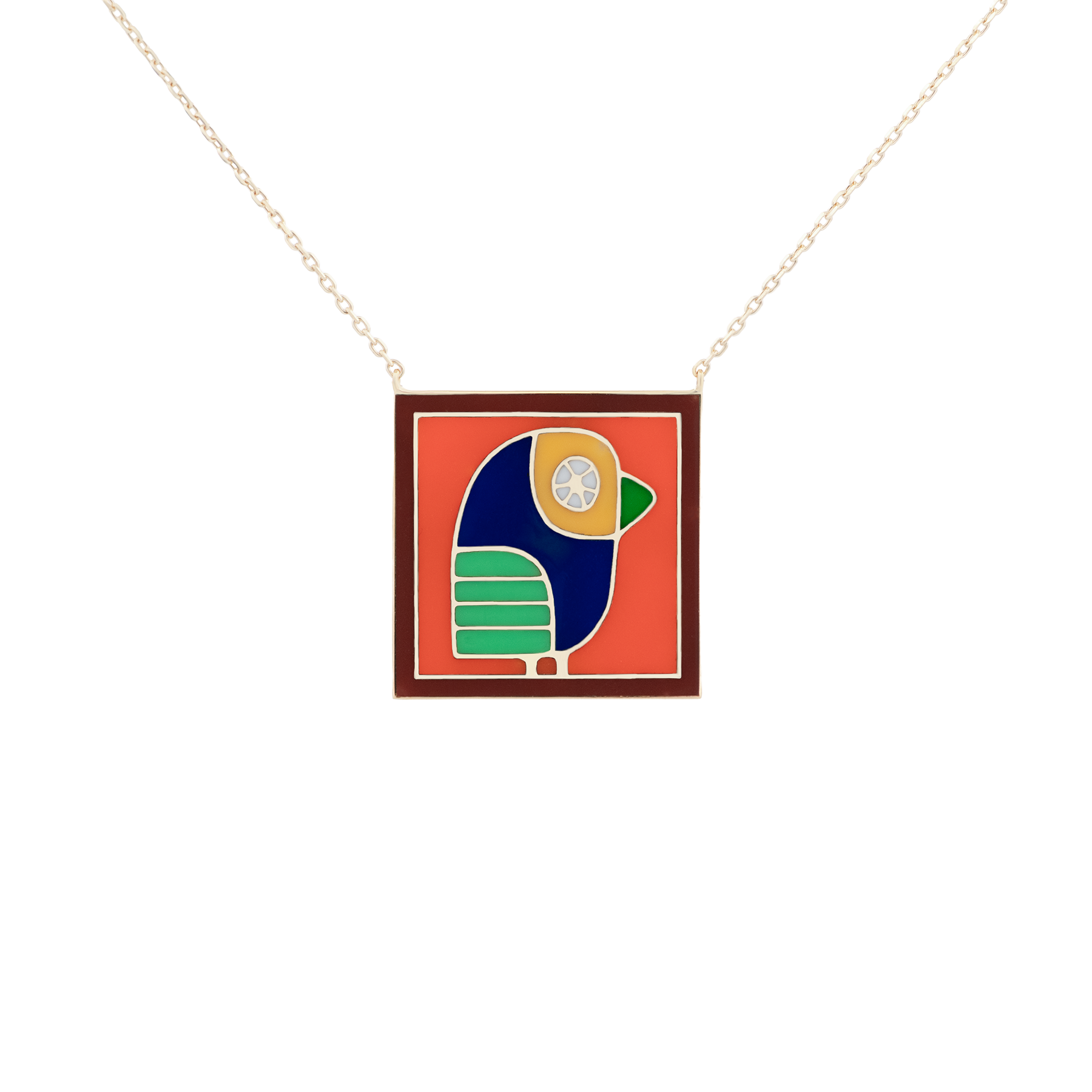 18K Yellow Gold Abstract Bird Enamel Pendant Necklace