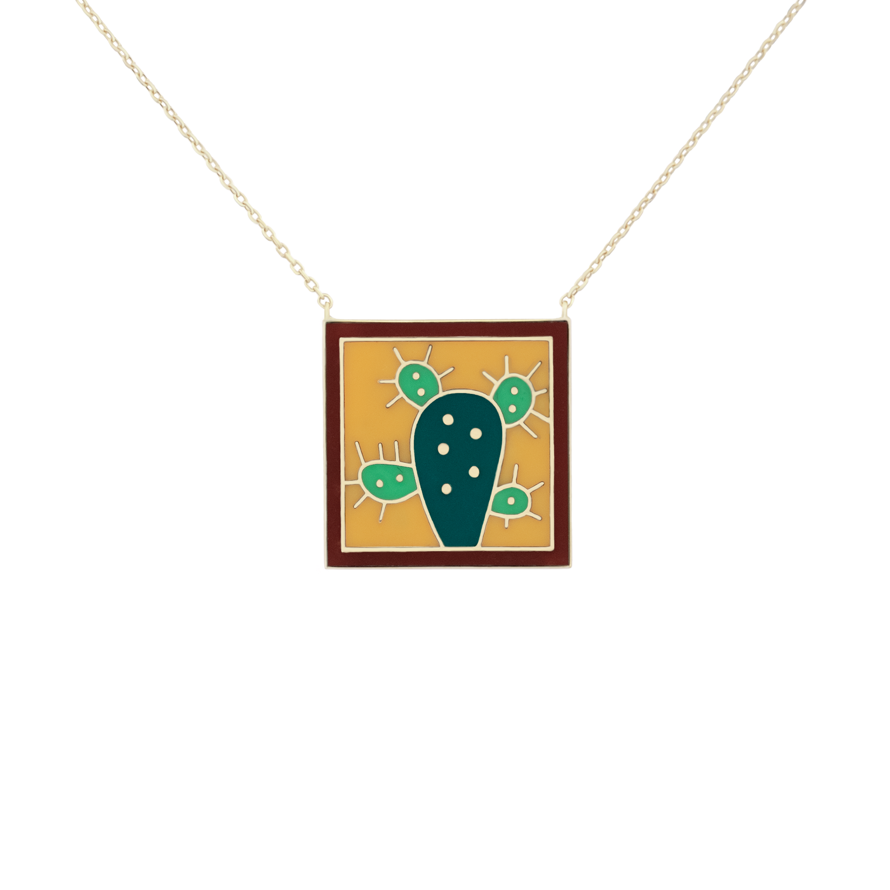 18K Yellow Gold Cactus Enamel Pendant Necklace