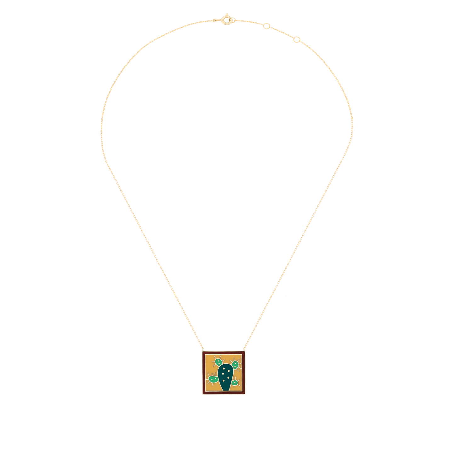 18K Yellow Gold Cactus Enamel Pendant Necklace