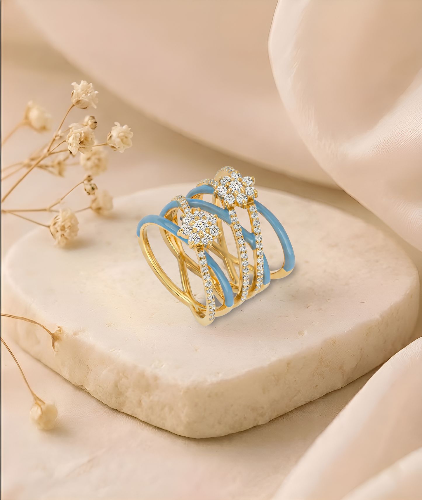 The Dusty Blue Enamel Floral Crossover Ring