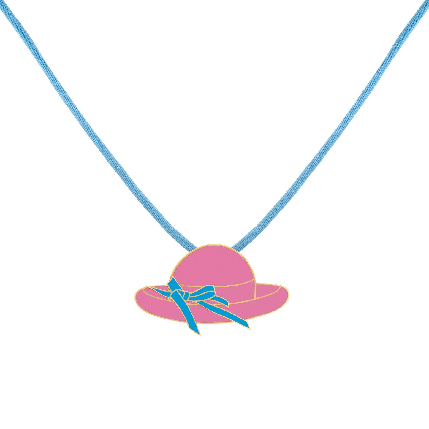 Necklace 18k Gold with Enamel - Playful Pink Hat with Light Blue Ribbon