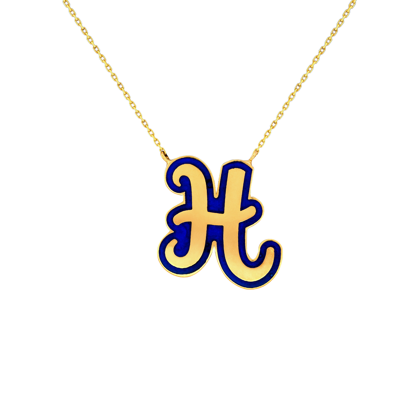 18K Gold "H" Pendant with Blue Enamel