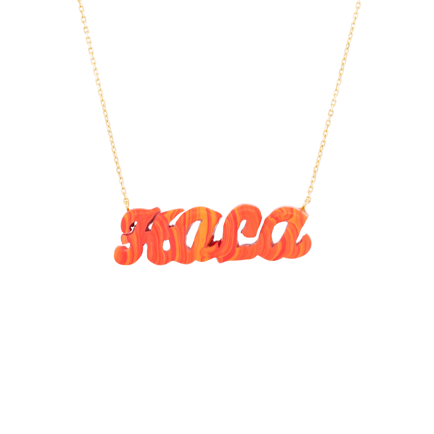 18K Gold Nameplate Pendant with Orange Stone Inlay