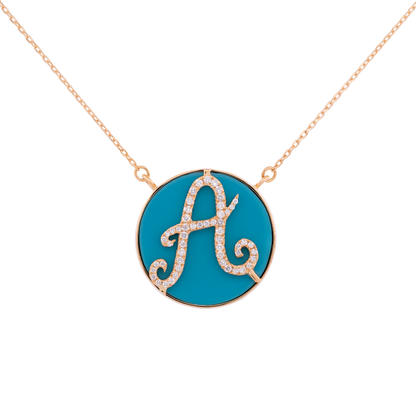 18K Gold Turquoise Enamel Pendant with Diamond Initial