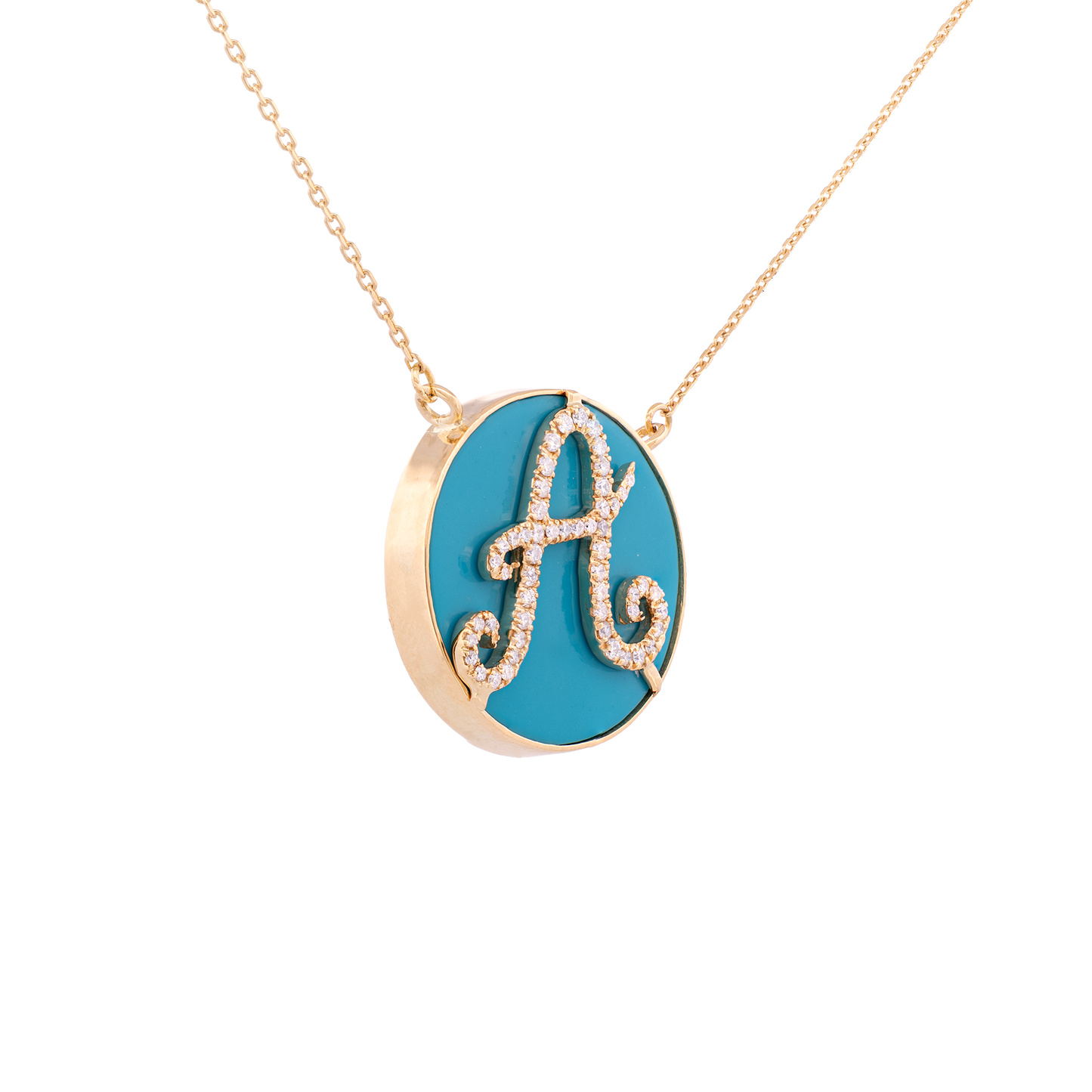 18K Gold Turquoise Enamel Pendant with Diamond Initial