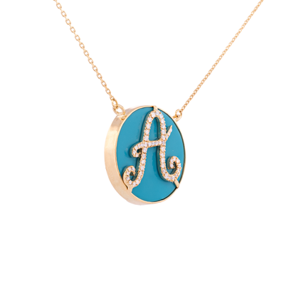 18K Gold Turquoise Enamel Pendant with Diamond Initial