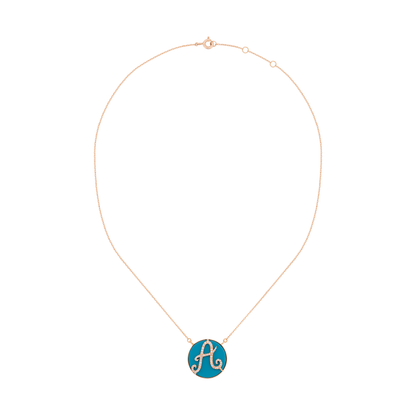 18K Gold Turquoise Enamel Pendant with Diamond Initial