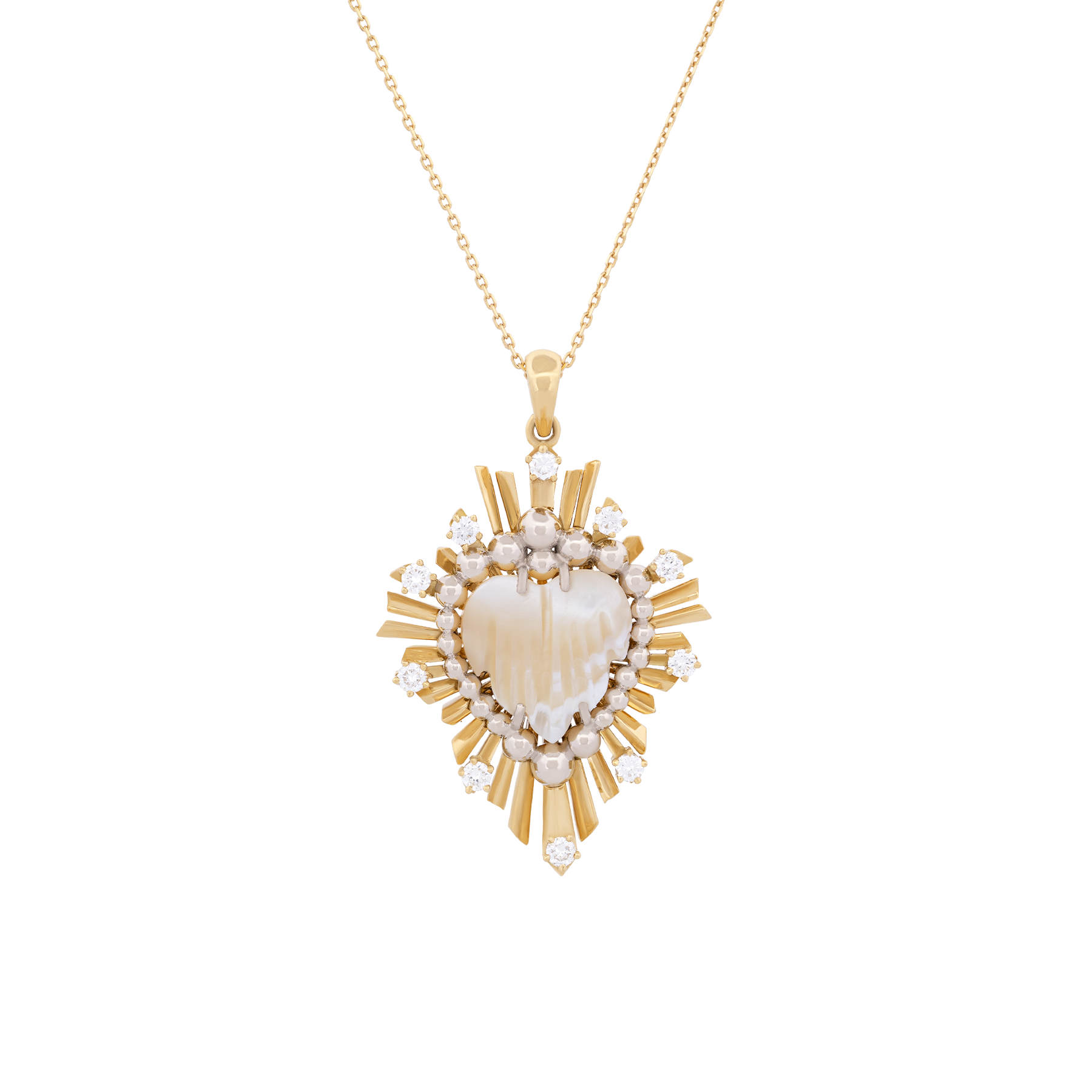 18K Yellow Gold Mother of Pearl & Diamond Radiant Heart Pendant Necklace
