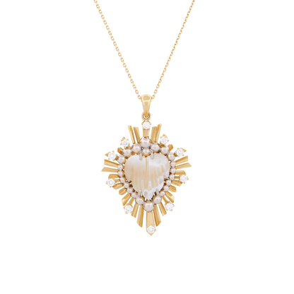 18K Yellow Gold Mother of Pearl & Diamond Radiant Heart Pendant Necklace