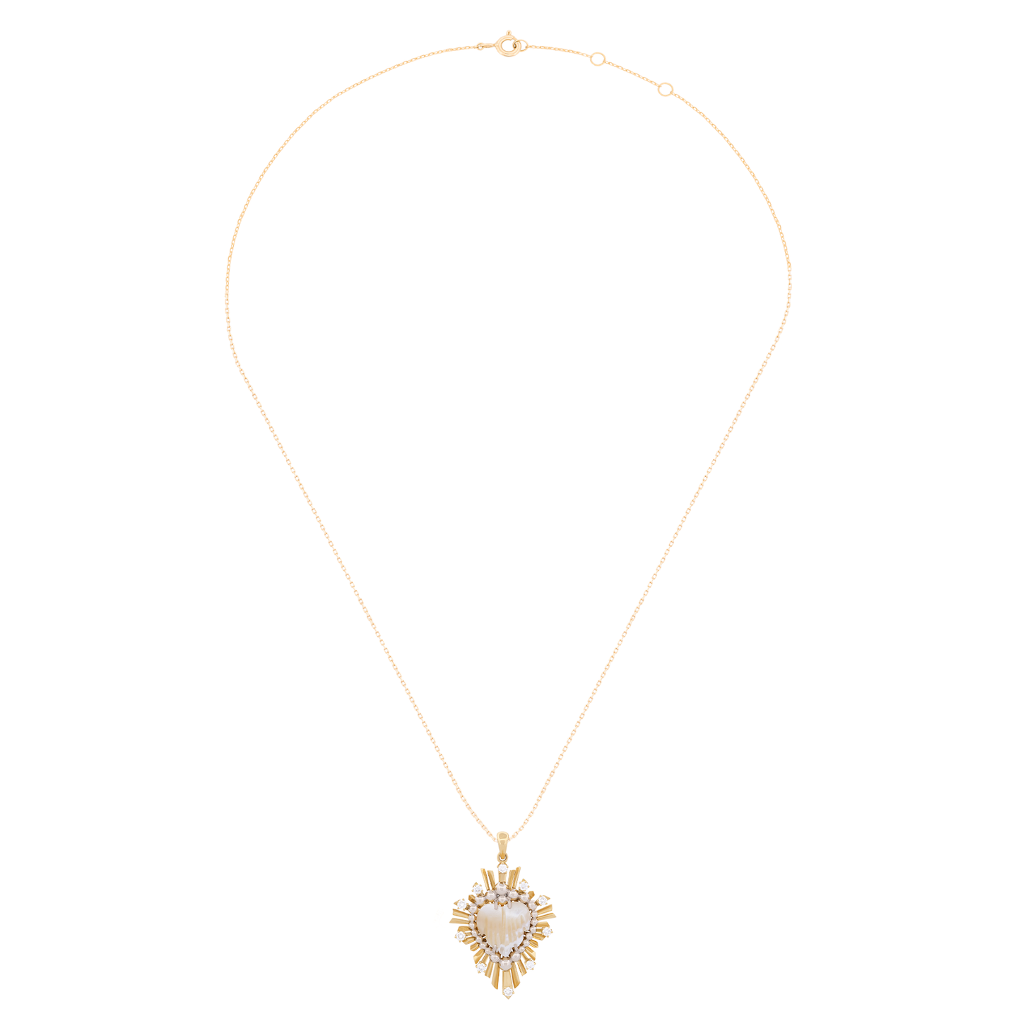 18K Yellow Gold Mother of Pearl & Diamond Radiant Heart Pendant Necklace