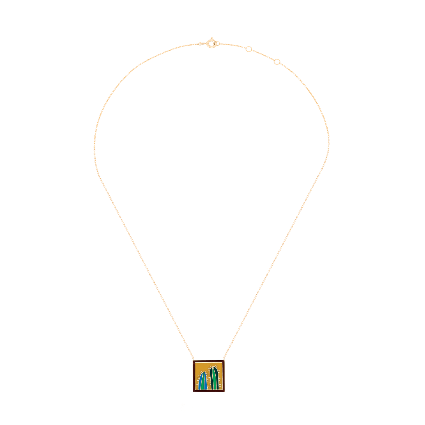 18K Yellow Gold Abstract Cactus Enamel Pendant Necklace