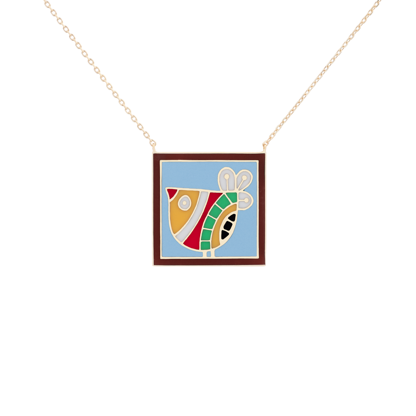 18K Yellow Gold Whimsical Folk Bird Enamel Pendant Necklace