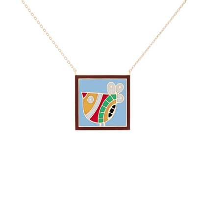 18K Yellow Gold Whimsical Folk Bird Enamel Pendant Necklace