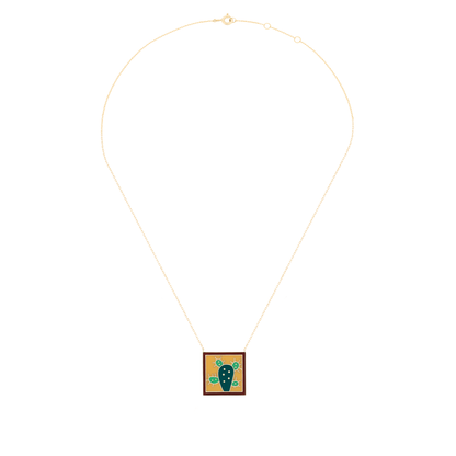 18K Yellow Gold Cactus Enamel Pendant Necklace
