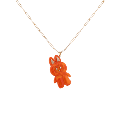 18K Gold Carved Orange Stone Labubu Pendant Necklace
