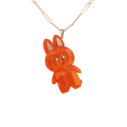 18K Gold Carved Orange Stone Labubu Pendant Necklace