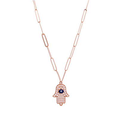 18K Rose Gold Diamond & Enamel Hamsa Pendant Necklace