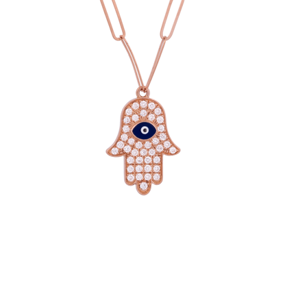 18K Rose Gold Diamond & Enamel Hamsa Pendant Necklace