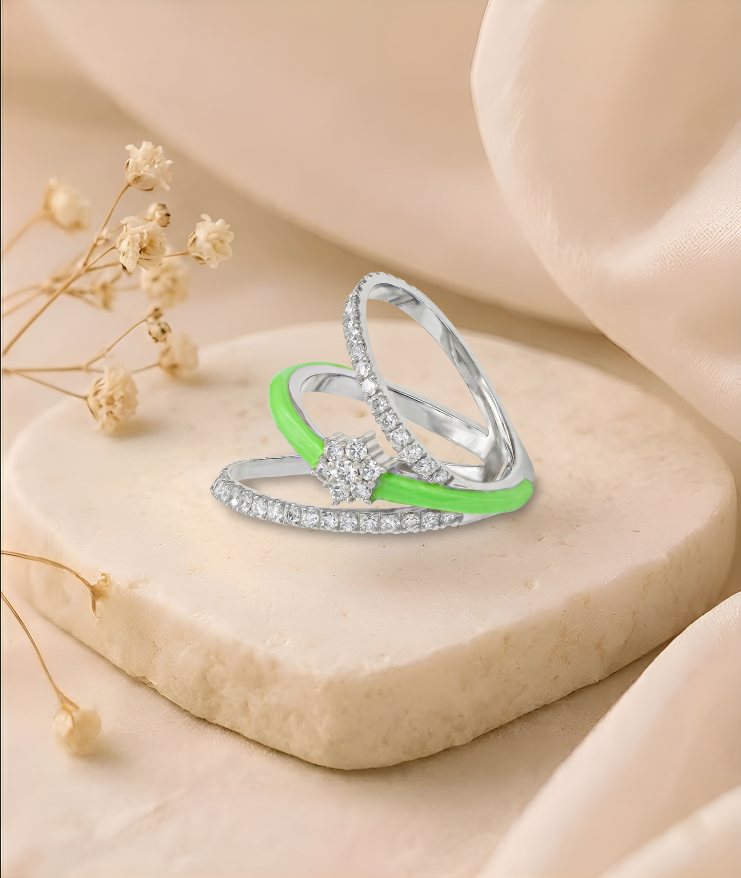 The Lime Enamel Diamond Triple-Band Ring
